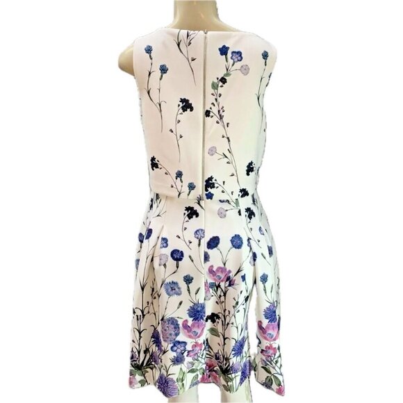 Ivanka Trump 12 White Floral Lined Pleats Side Pockets Zip Back Sleeveless Dress - Picture 4 of 6